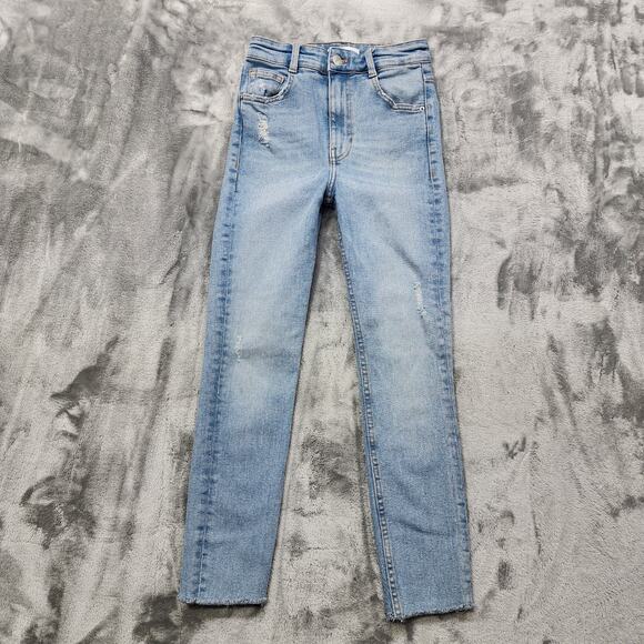 Zara Jeans Womens 2 Blue Distressed High Rise Crop Skinny Raw Hem Stretch Denim - Picture 1 of 11